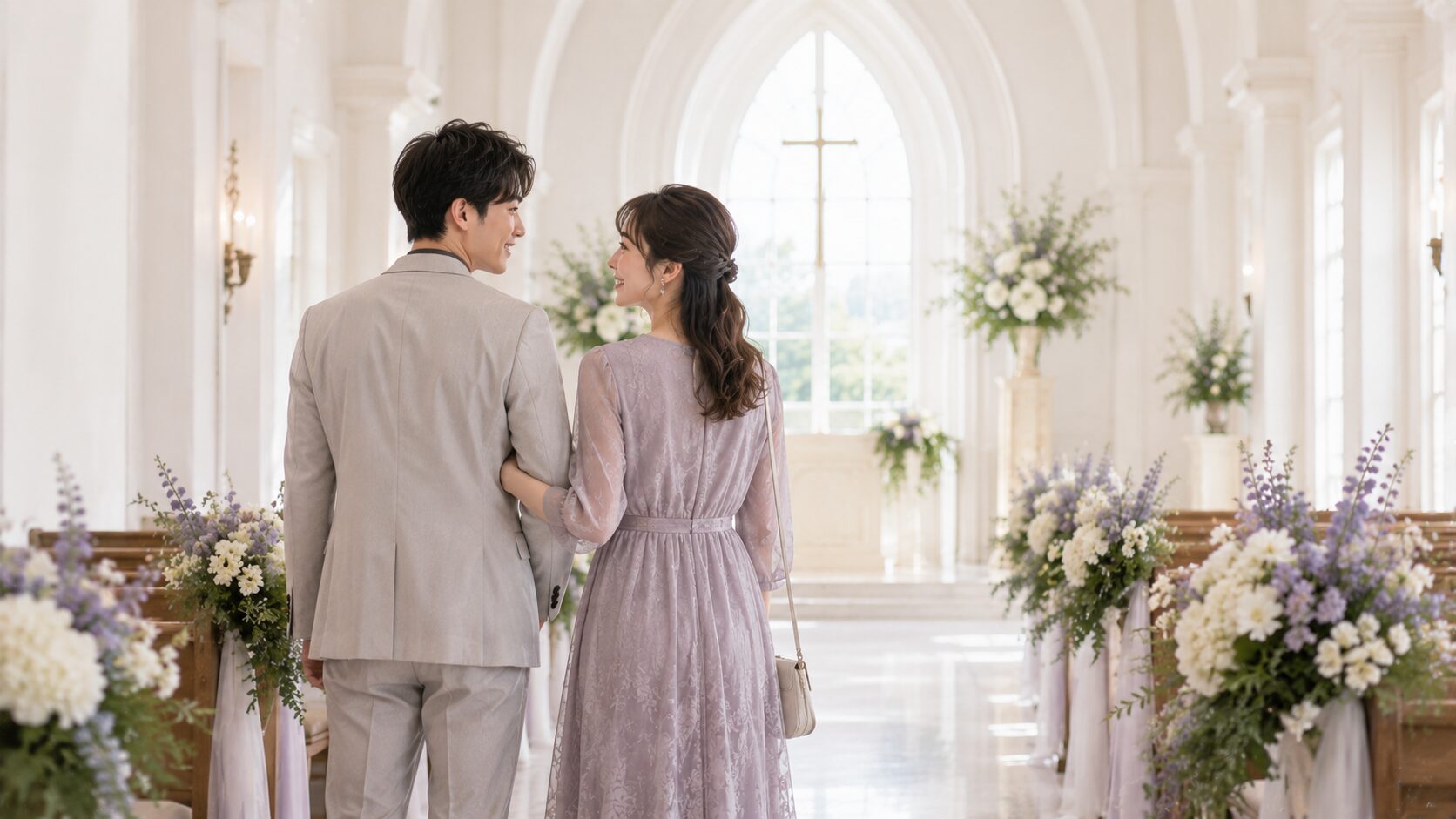 チャペルで結婚式をイメージするカップル