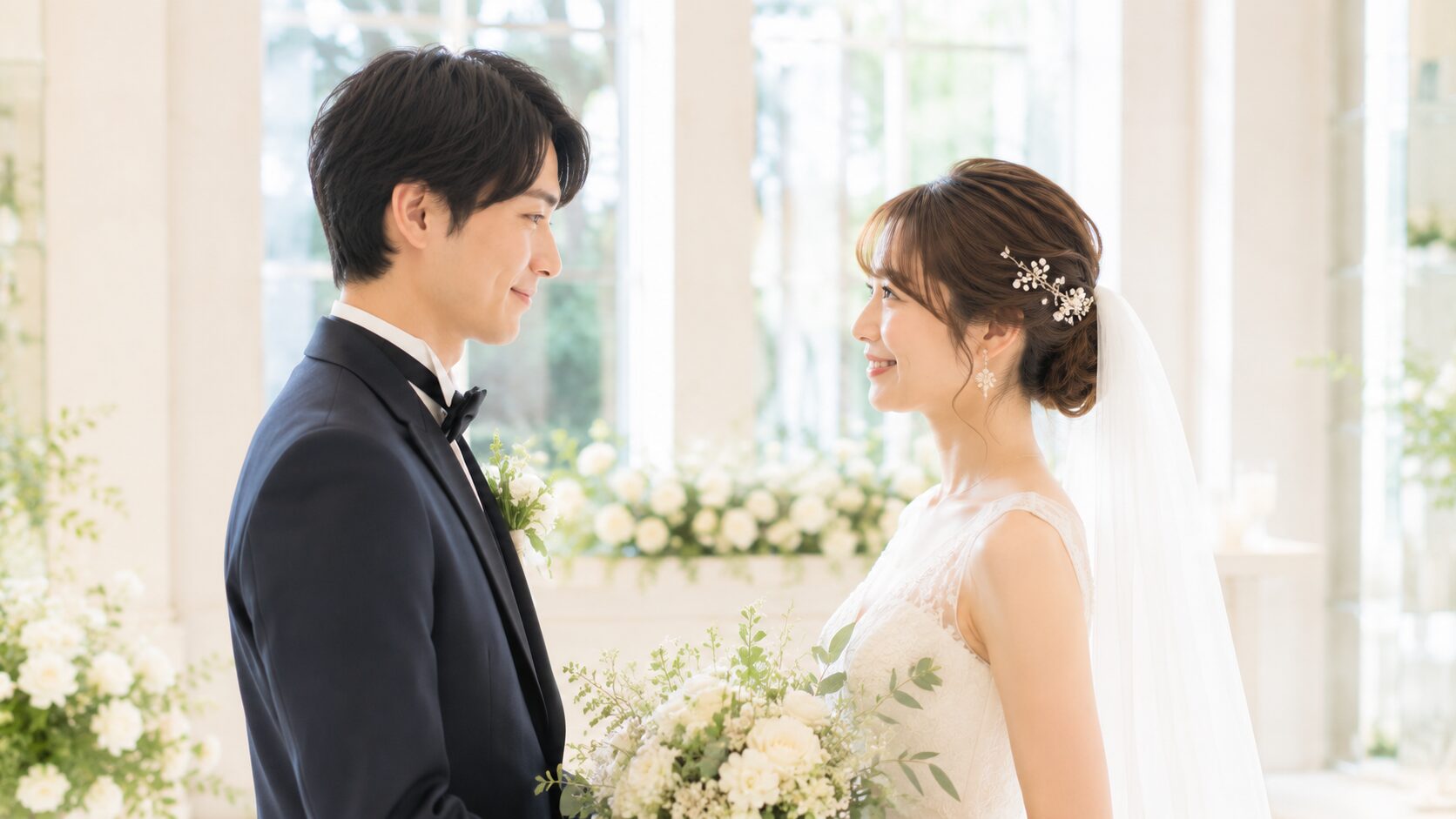 向かい合って微笑む花嫁と新郎