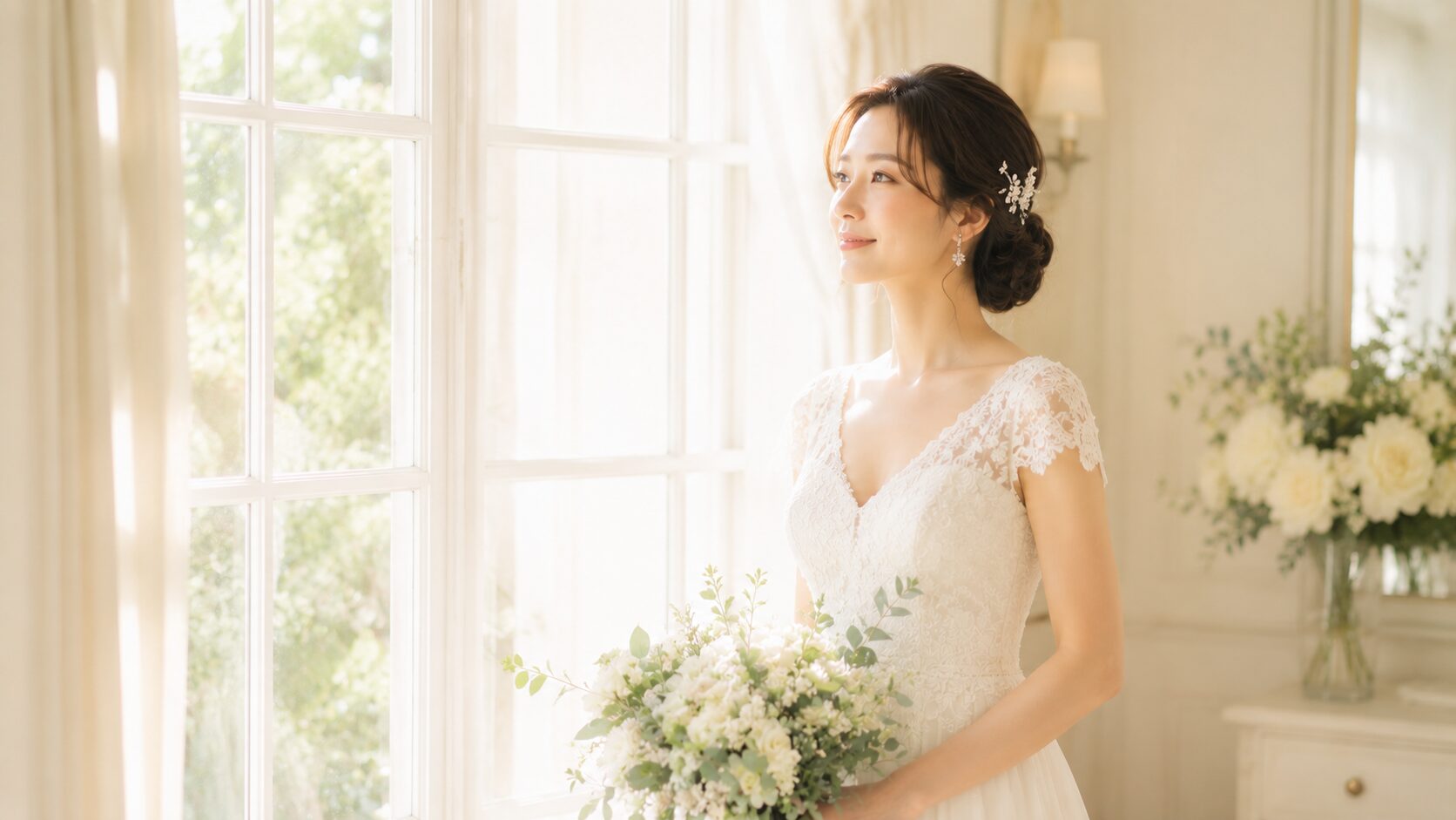 窓辺で穏やかにたたずむ花嫁