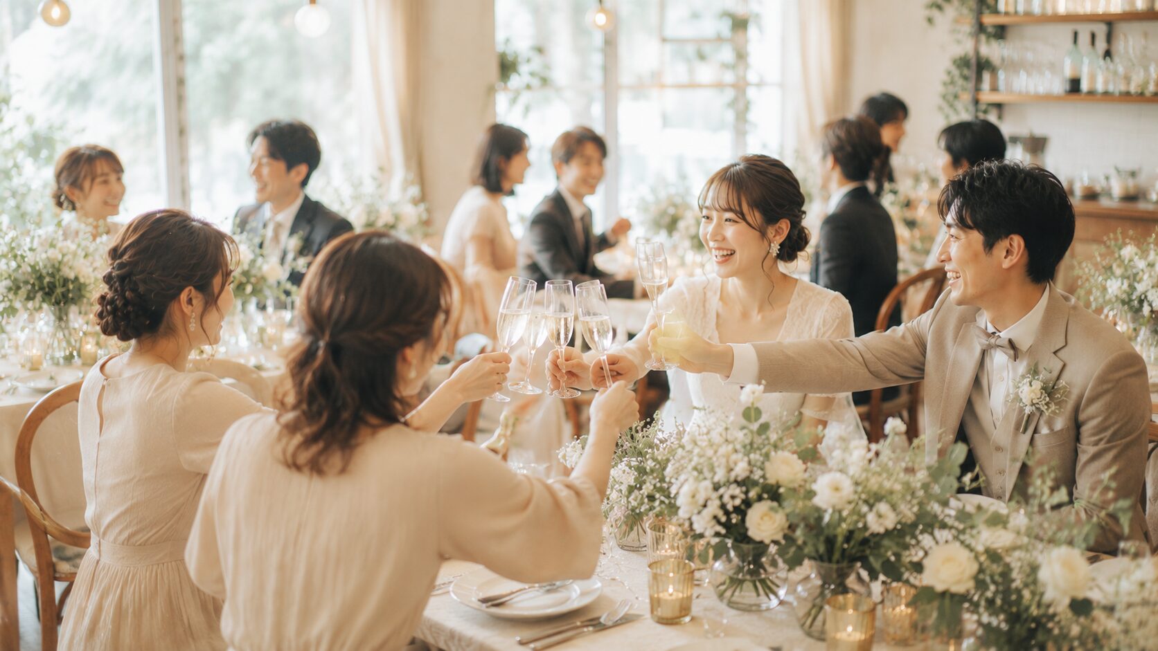 明るいレストランで新郎新婦とゲストが乾杯する会費制パーティ