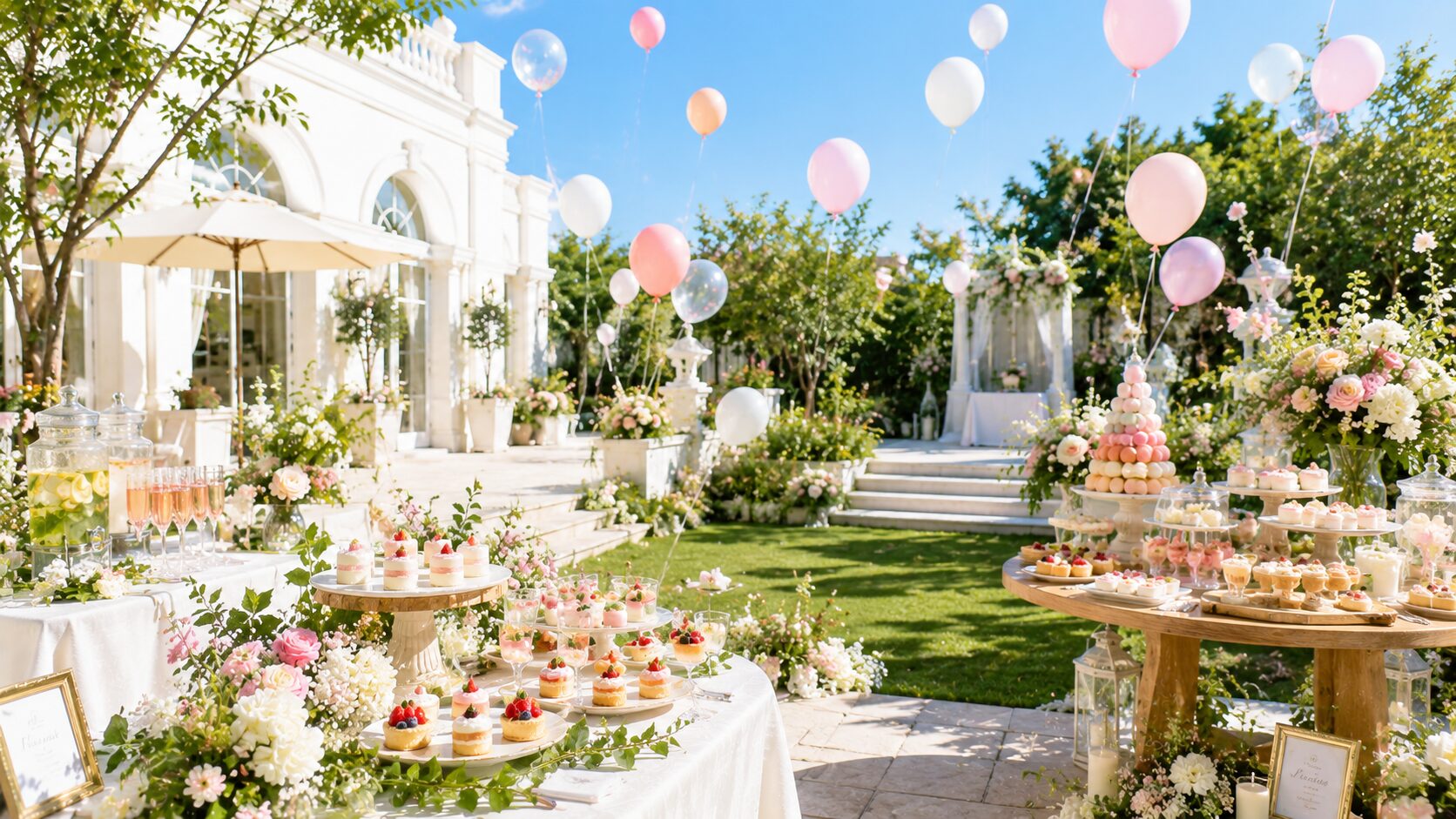 ガーデンに用意された結婚式の華やかなデザートビュッフェ