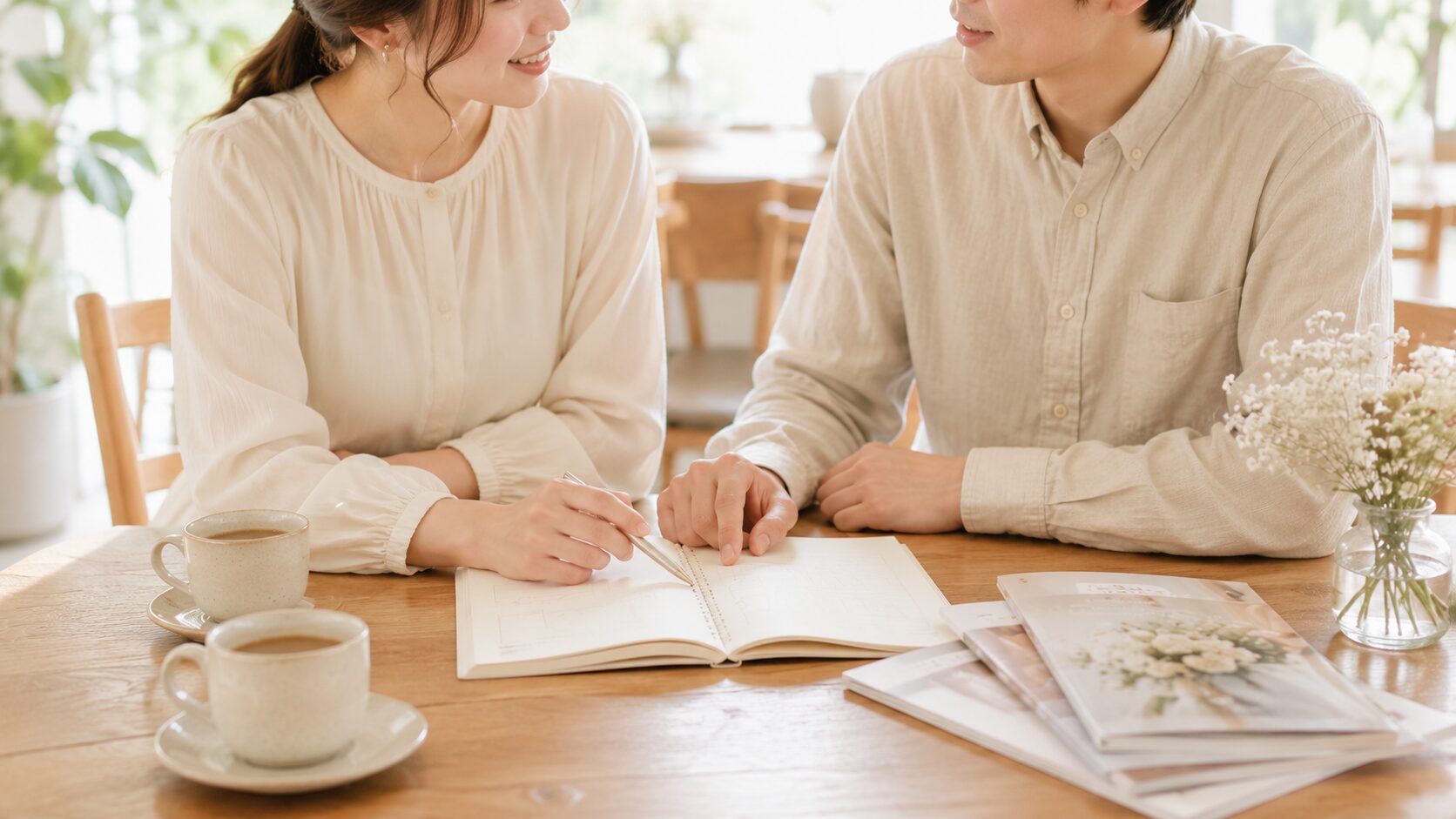 カフェで結婚式の相談をするカップル