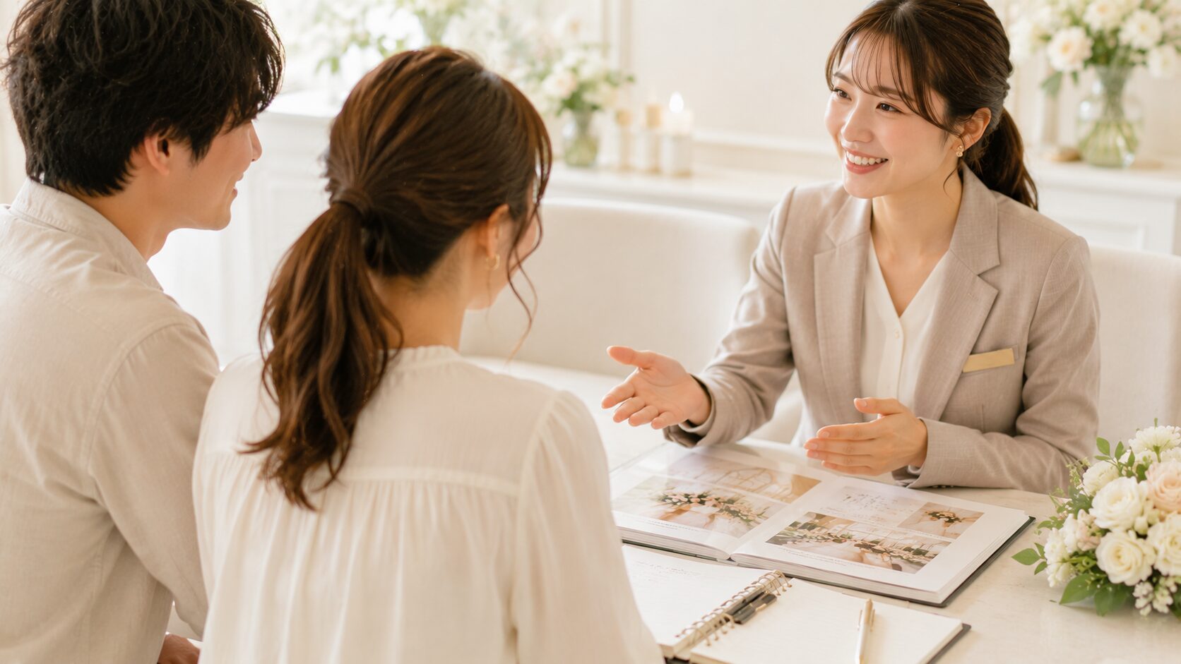 ウェディングプランナーと笑顔で話すカップル