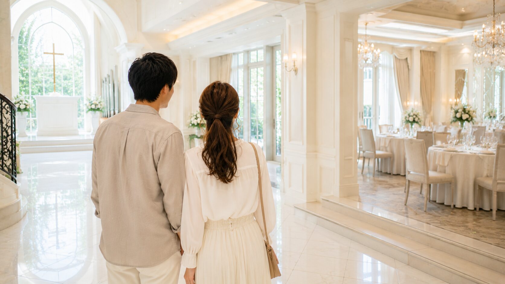 式場のチャペルと披露宴会場を見学するカップル