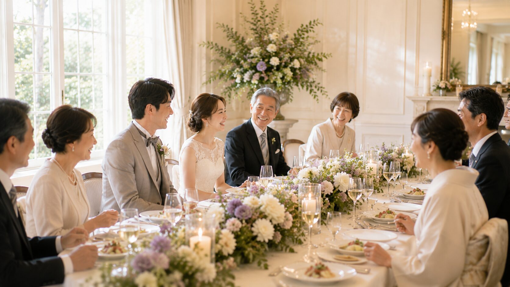 長テーブルを囲んで和やかに談笑する家族婚のゲスト