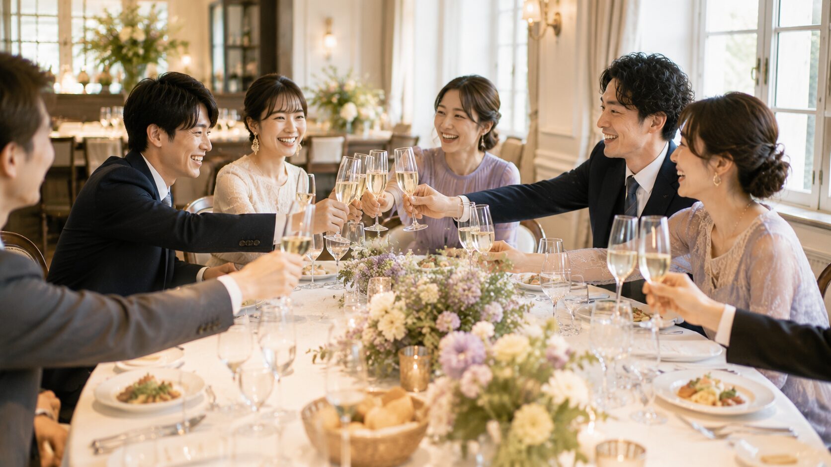 別日に開いた友人との結婚パーティで乾杯する様子