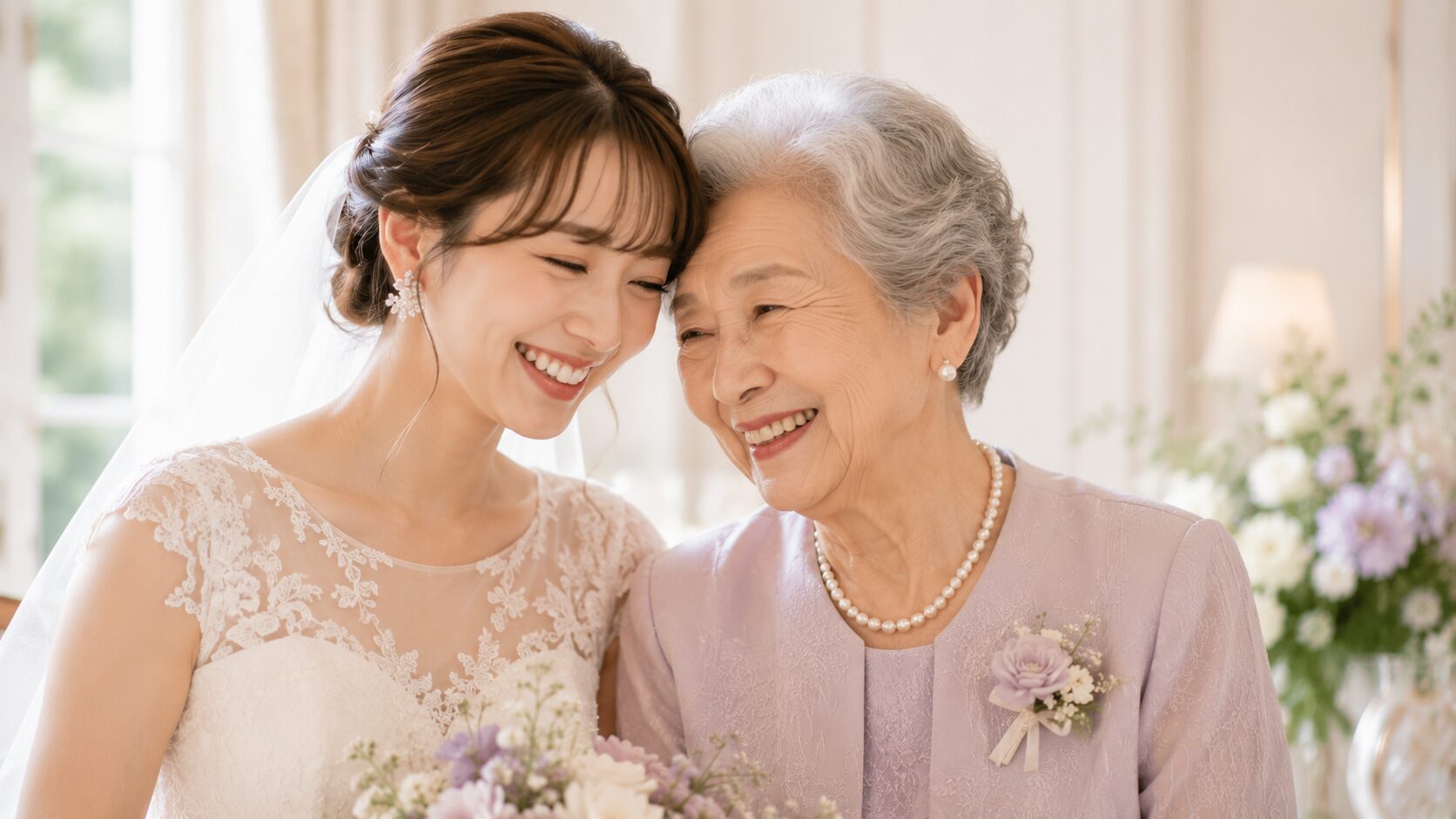 花嫁と寄り添って微笑む祖母