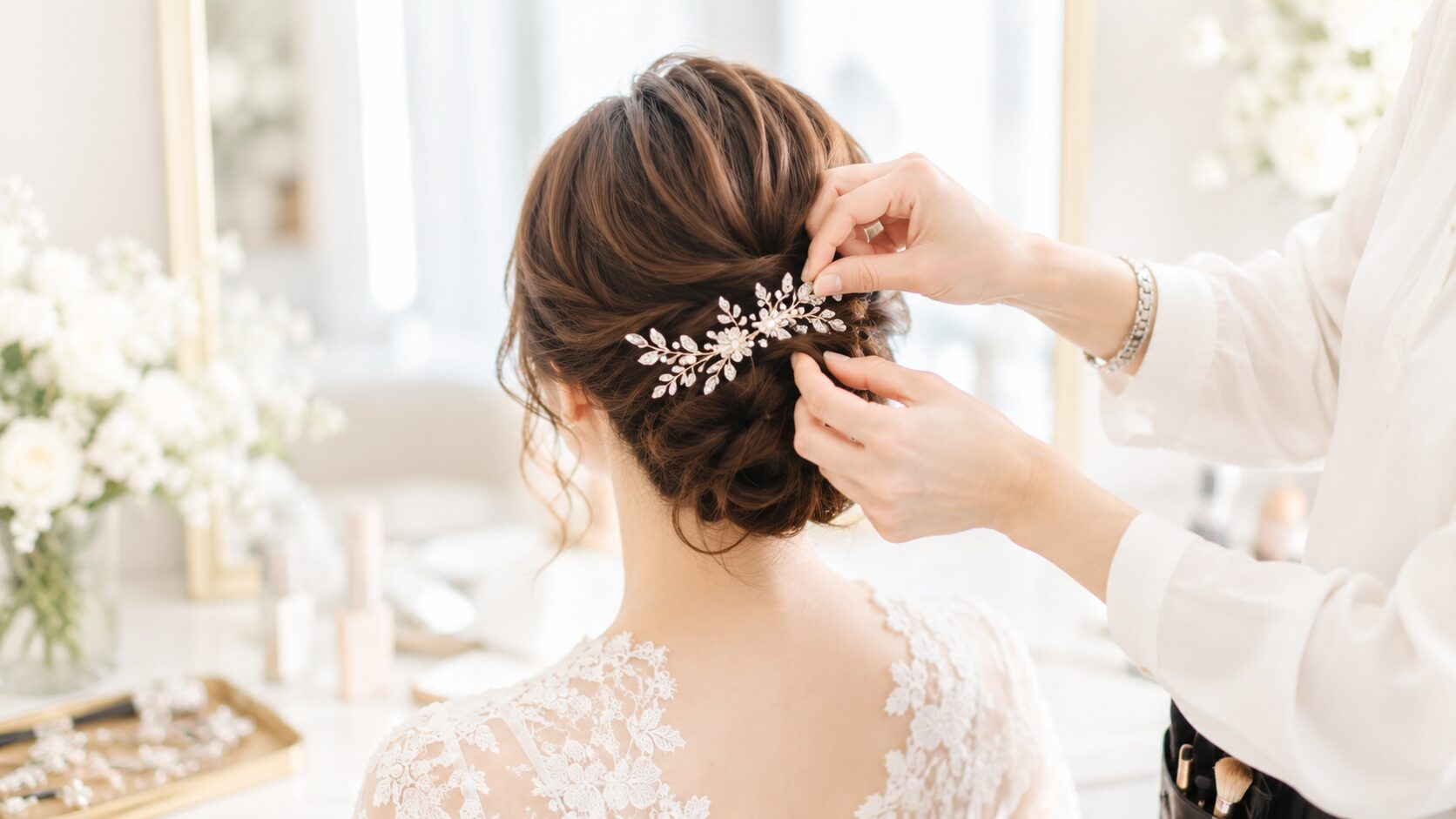 花嫁の髪に髪飾りをつけるヘアメイクの手元