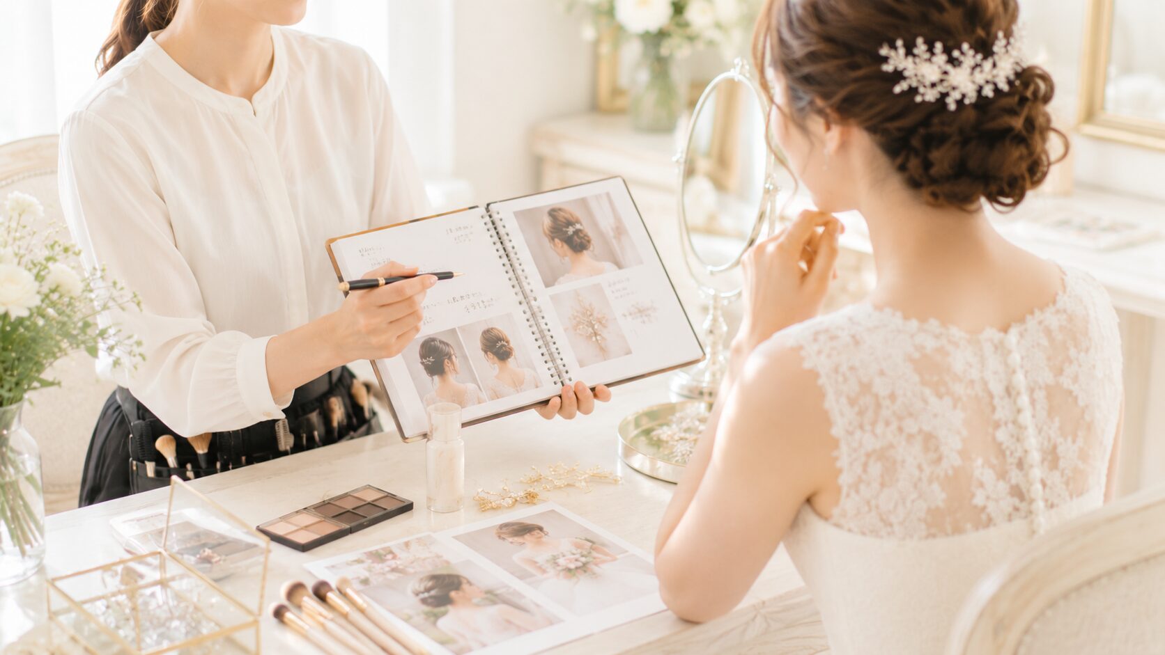 リハーサルでヘアカタログを見ながら打ち合わせする花嫁とヘアメイク