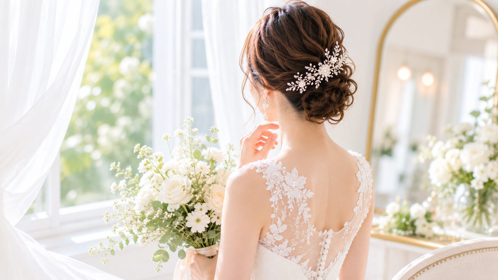 ヘアメイクが仕上がり、ブーケを持つ花嫁の後ろ姿