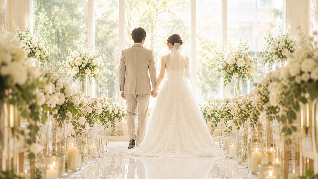 式場で手を取り合う新郎新婦