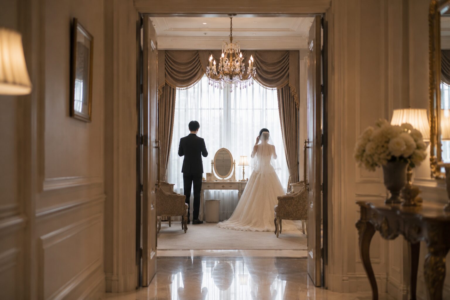 ホテルの控室で向き合う新郎新婦