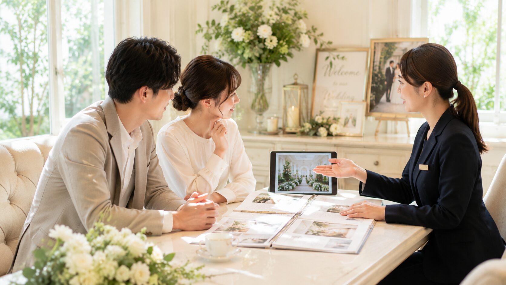 ウェディングプランナーと打ち合わせをする新郎新婦