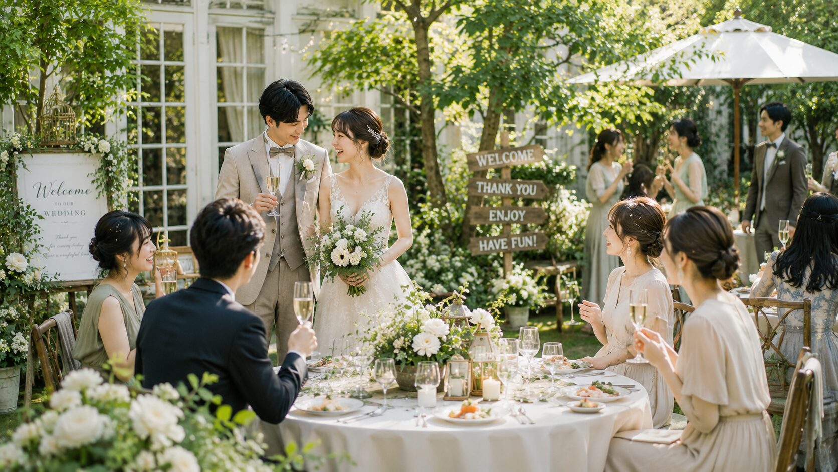 ガーデンでゲストと乾杯する新郎新婦の和やかなパーティ