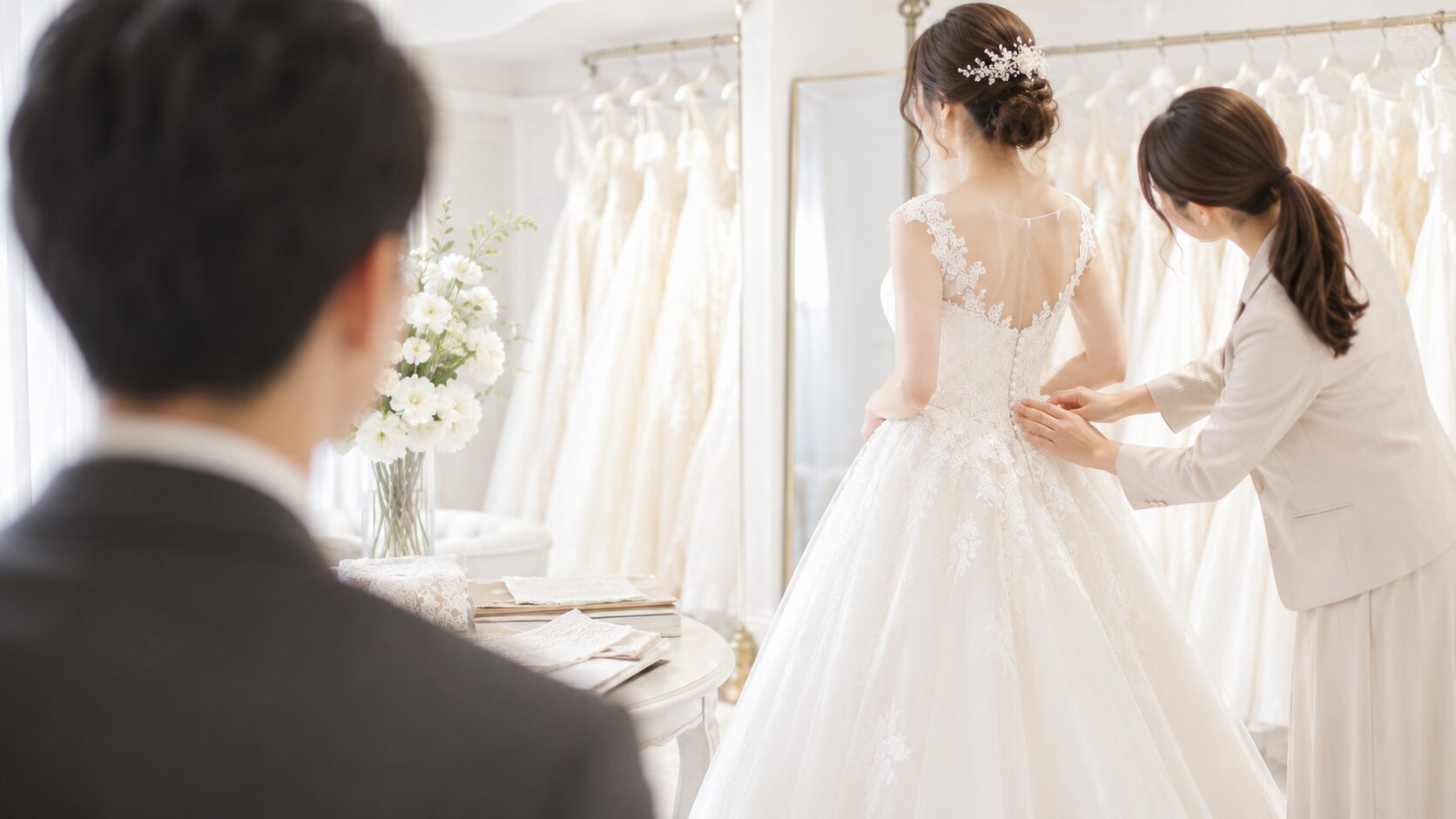 ウェディングドレスを試着する花嫁を見守る新郎