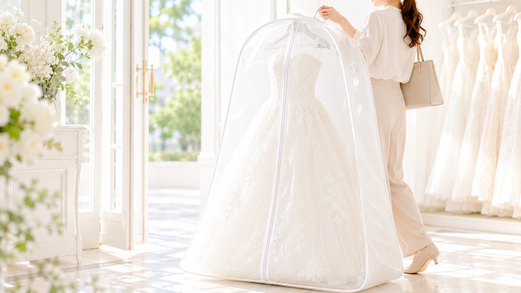 ガーメントバッグに入れたウェディングドレスを持ち運ぶ花嫁
