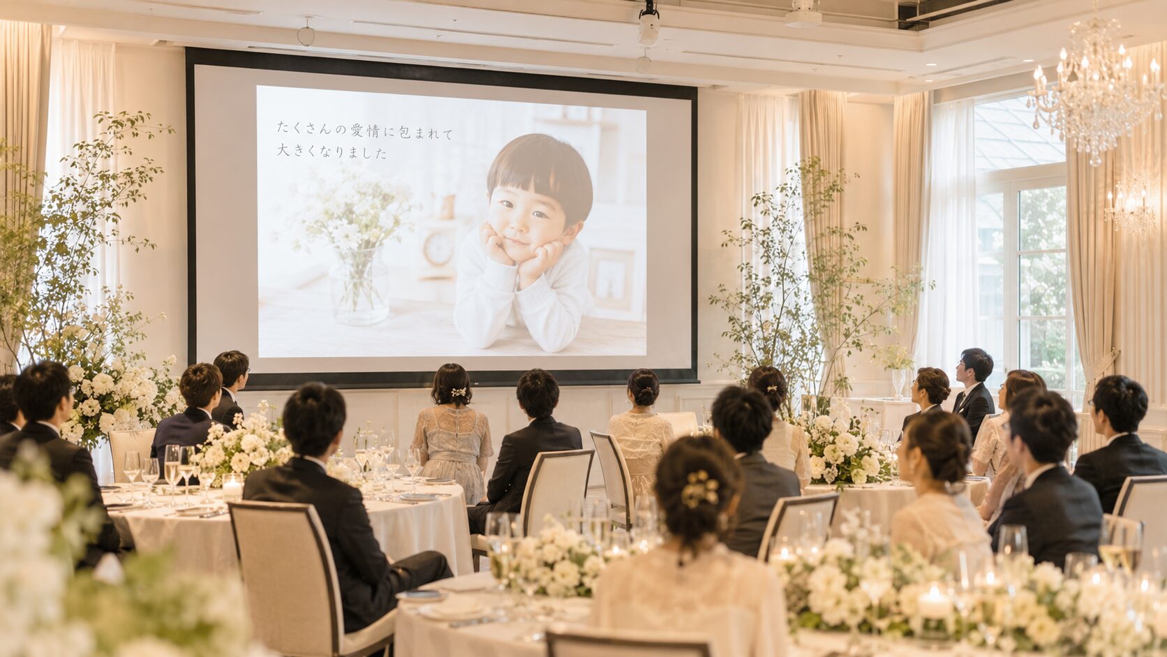 披露宴会場の大きなスクリーンに映し出されたプロフィールムービー