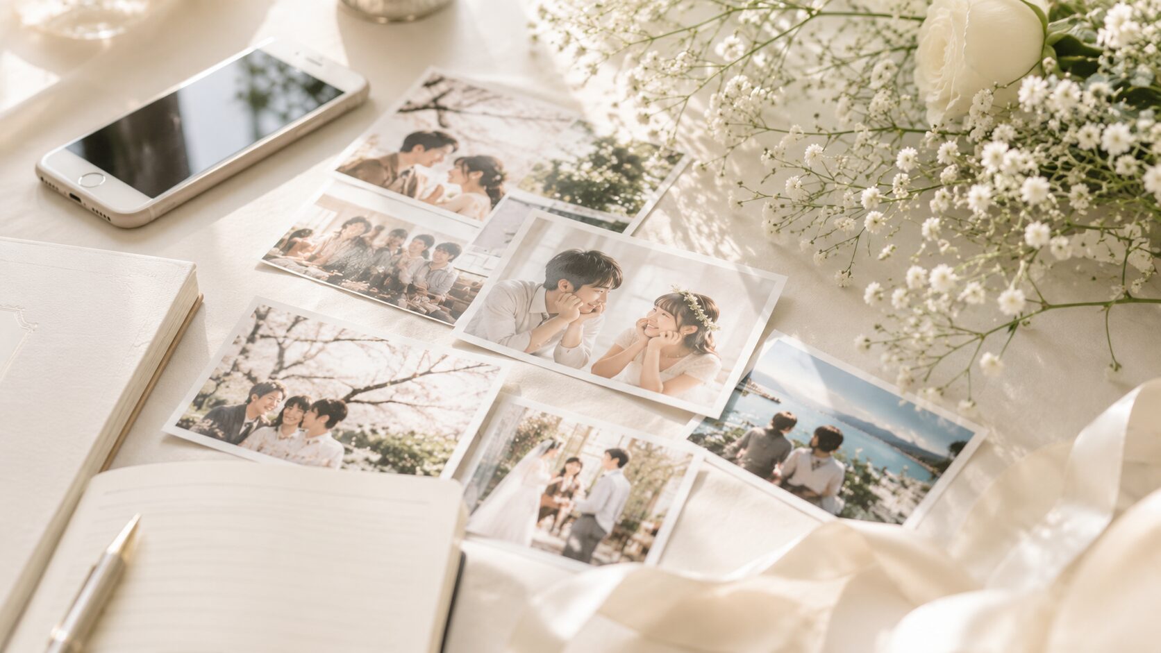 結婚式の写真とスマホ・招待状が並ぶテーブル