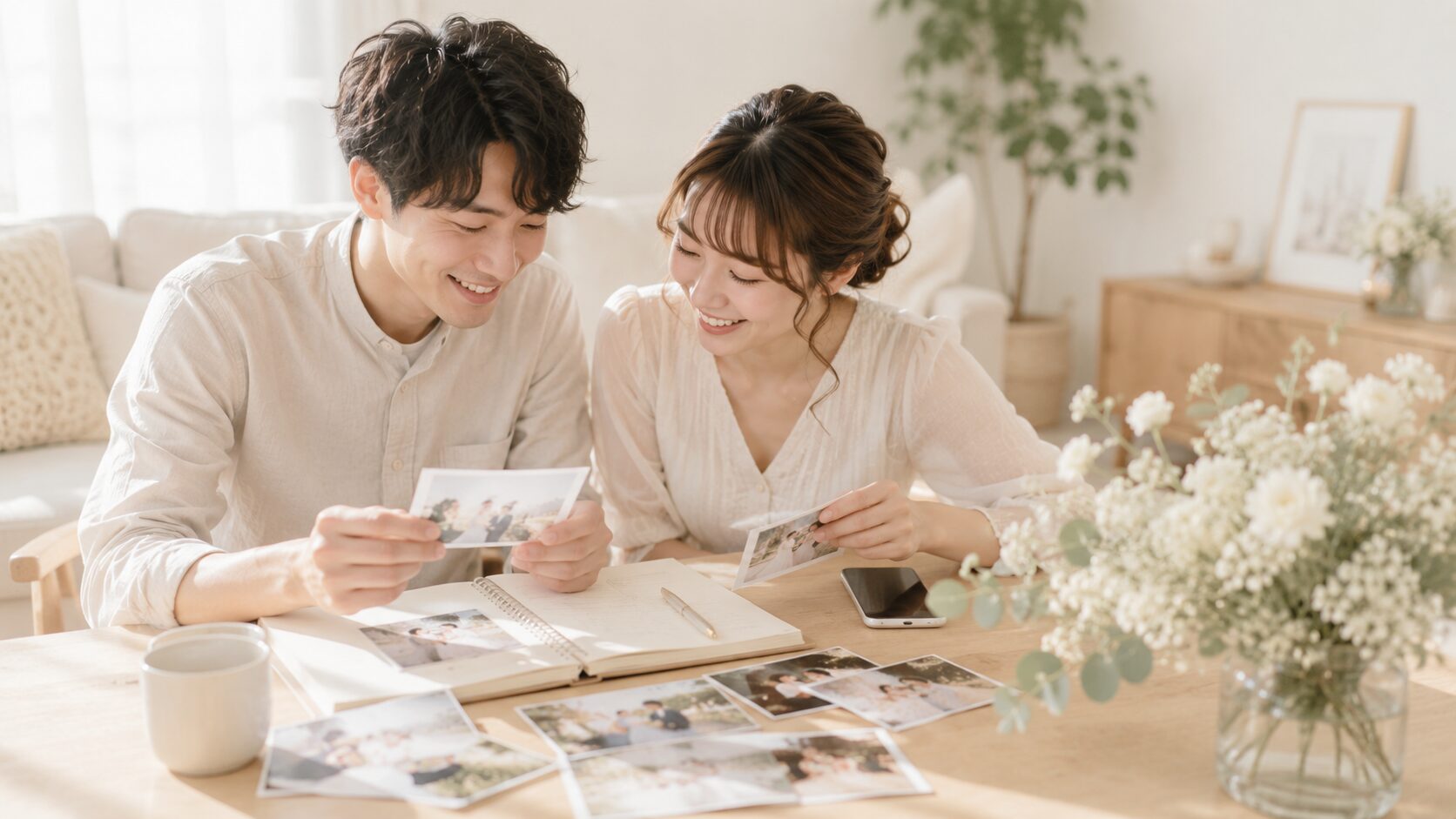夫婦がソファで写真を見ながら選んでいる様子