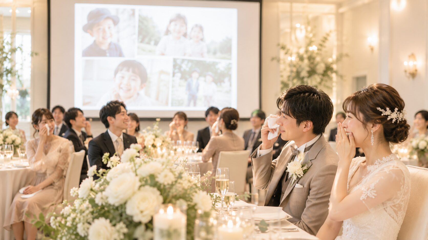 プロフィールムービーを見て涙する新郎新婦とゲスト