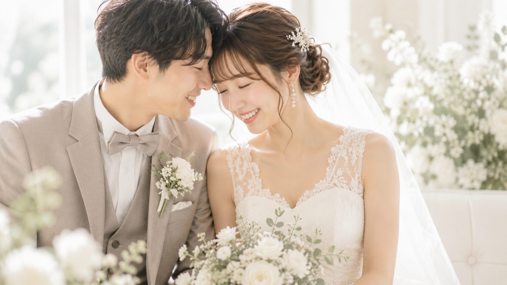 寄り添って微笑む新郎新婦