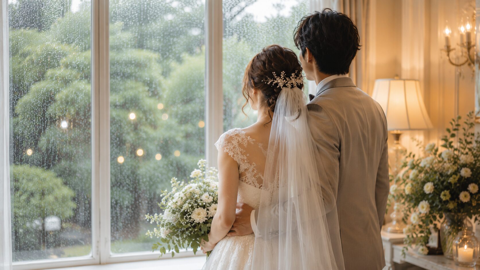 雨の窓辺に寄り添って外を見つめる新郎新婦