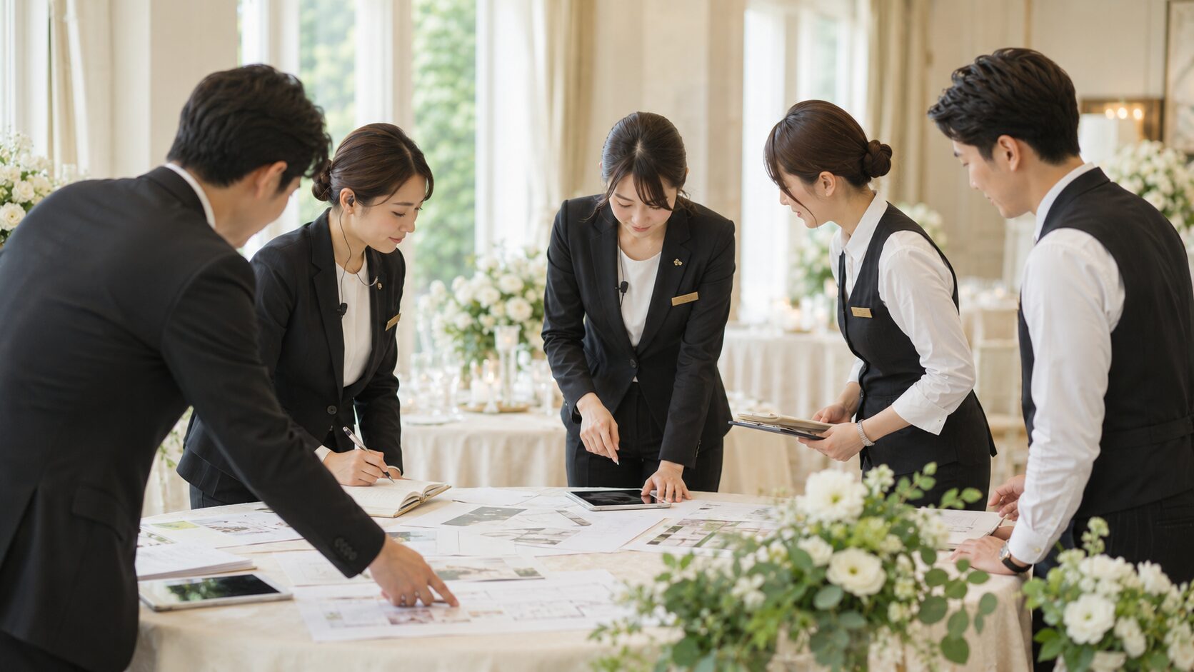 結婚式場のスタッフチームが打ち合わせをする様子