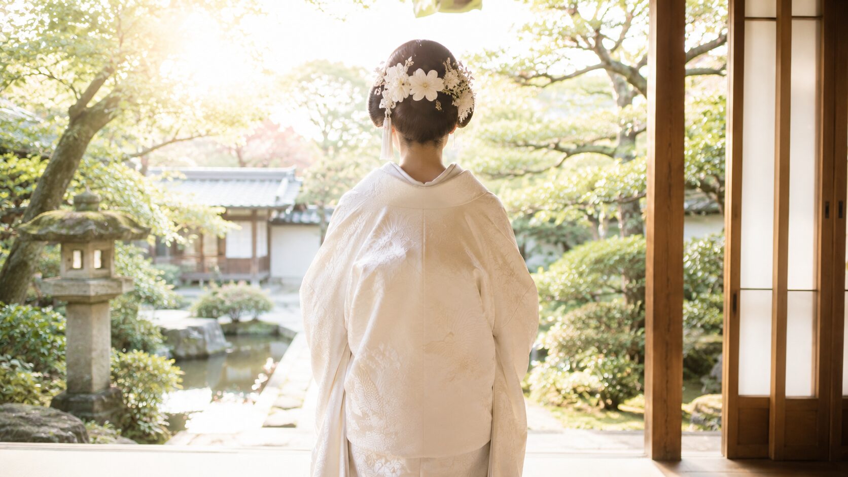 日本庭園で和装の花嫁の後ろ姿