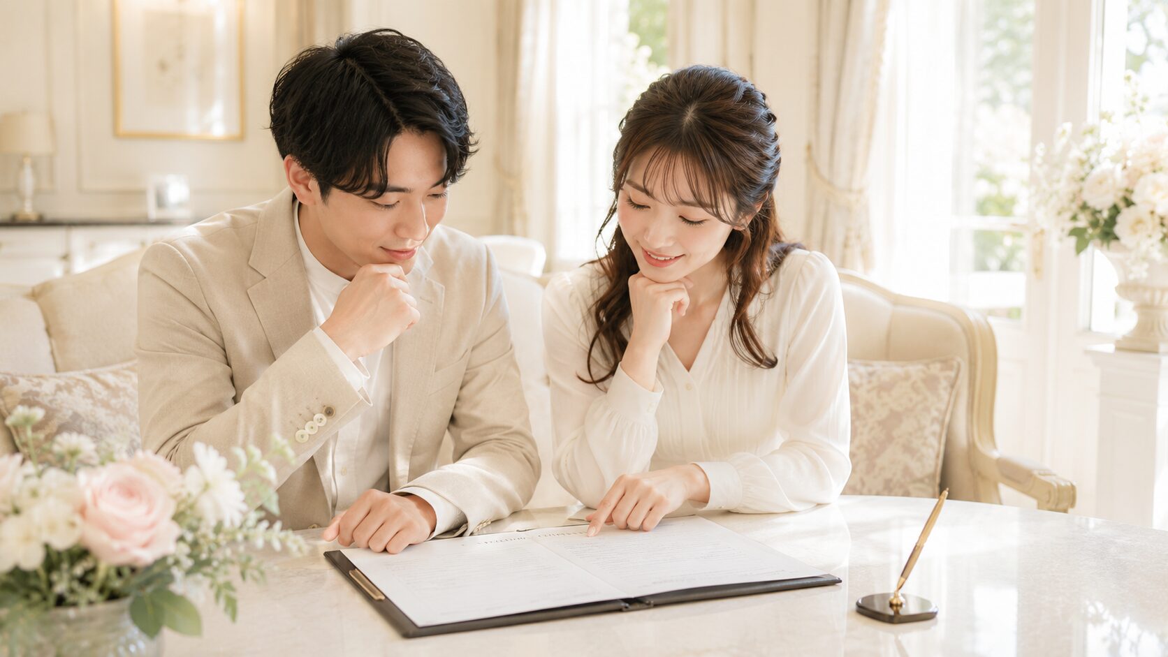 契約書を前に二人で落ち着いて検討するカップル