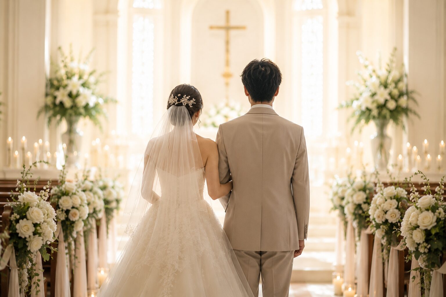 チャペルで挙式する新郎新婦の後ろ姿 しあわせのスタート
