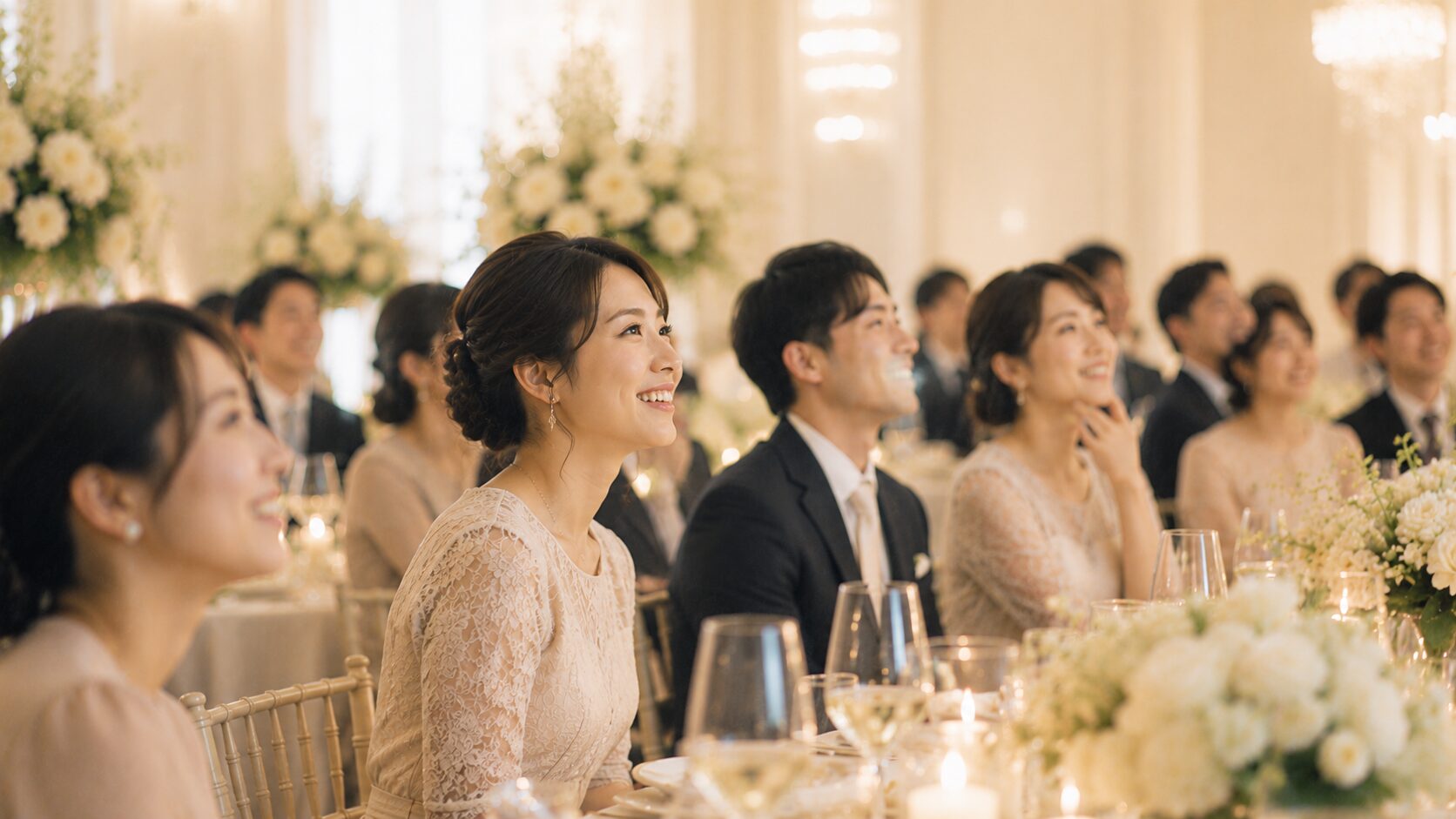 スクリーンの映像を見て微笑む結婚式のゲストたち