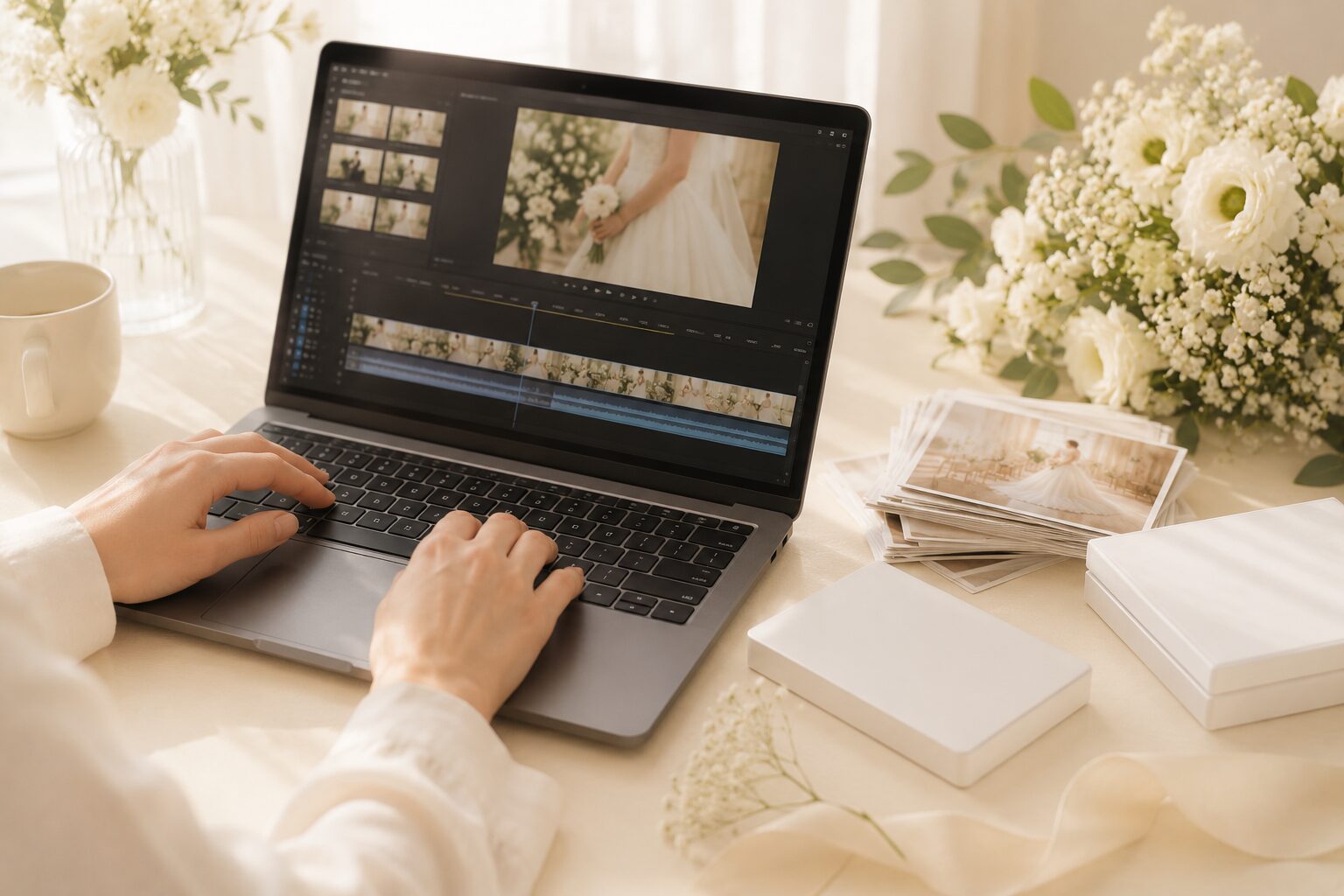 ノートパソコンで結婚式の映像を編集する様子（外注イメージ）