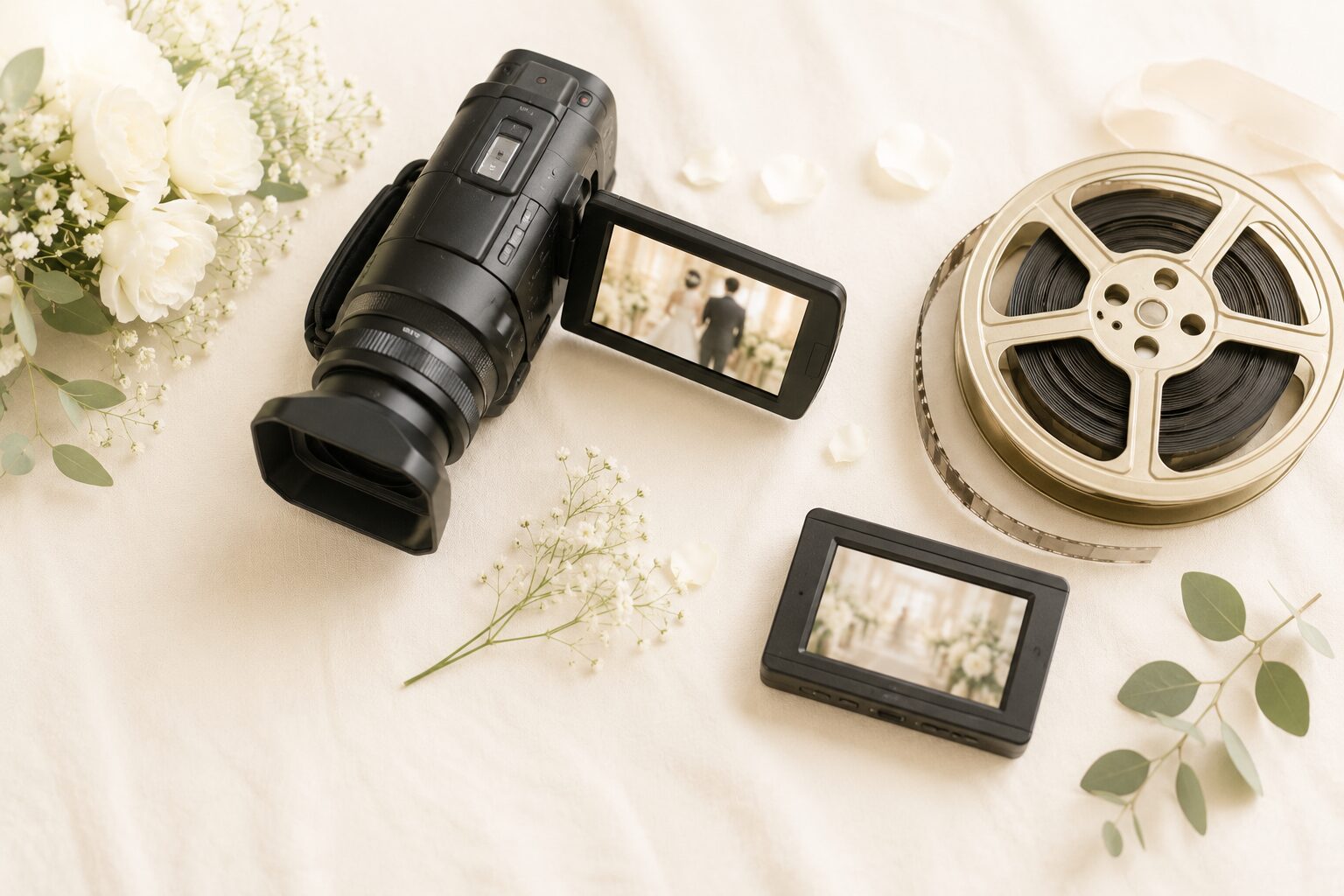 結婚式の記録映像を撮影するビデオカメラとフィルムリール