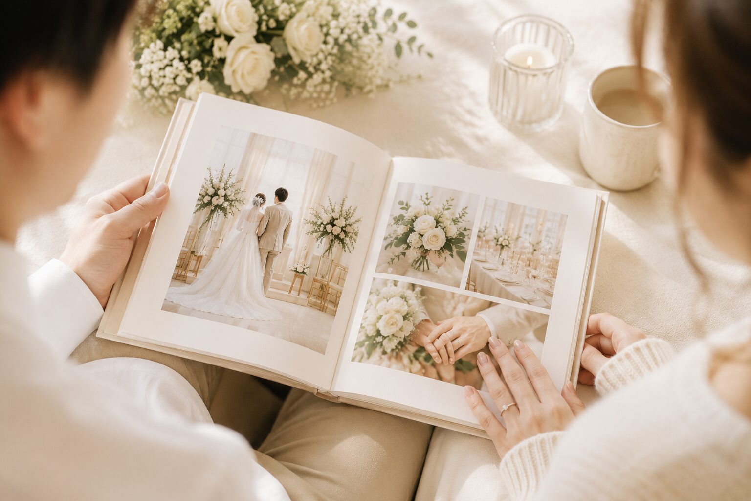 結婚式のアルバムを見返すおふたり