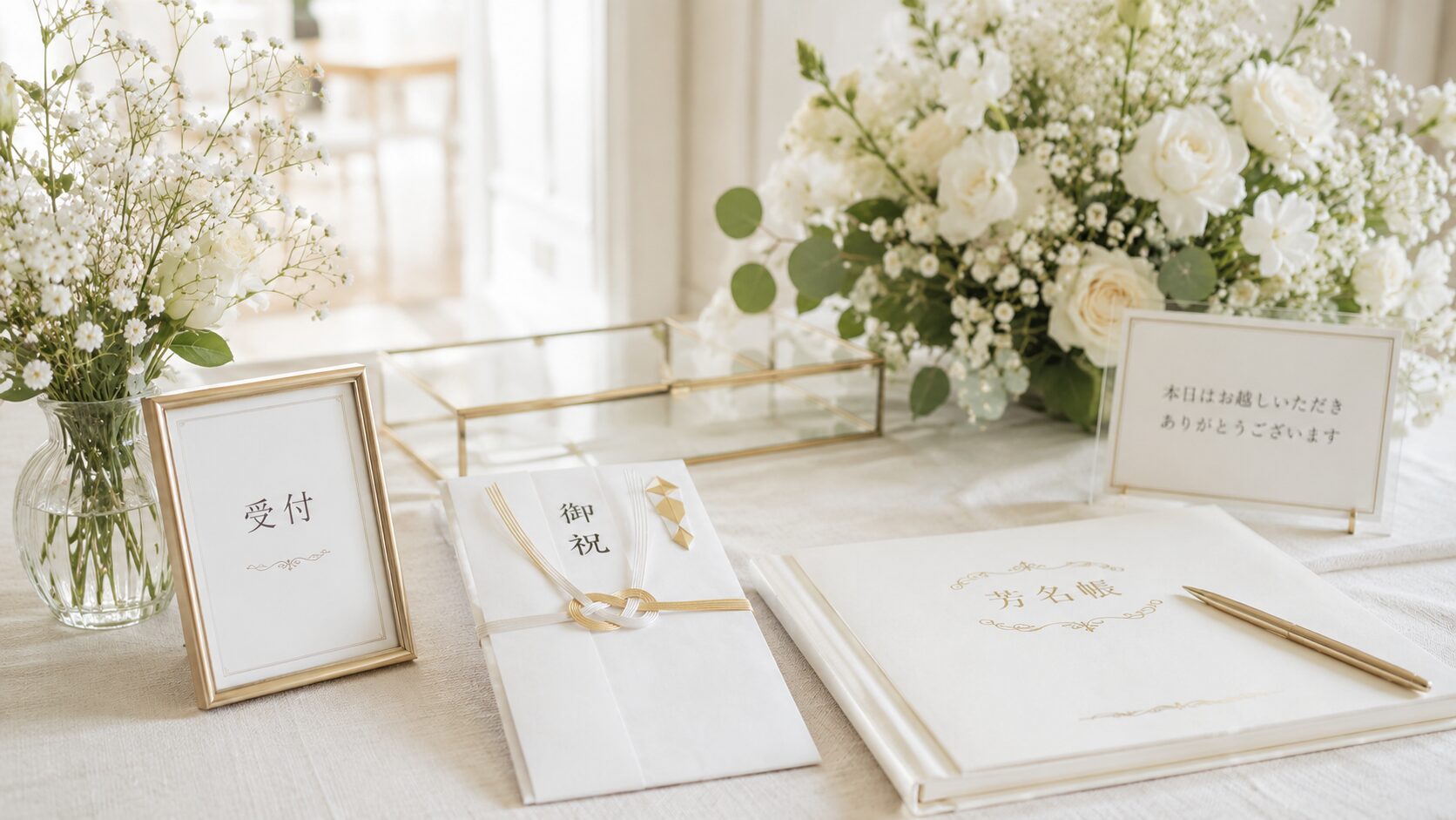 結婚式の受付に並ぶご祝儀袋と芳名帳と白い花