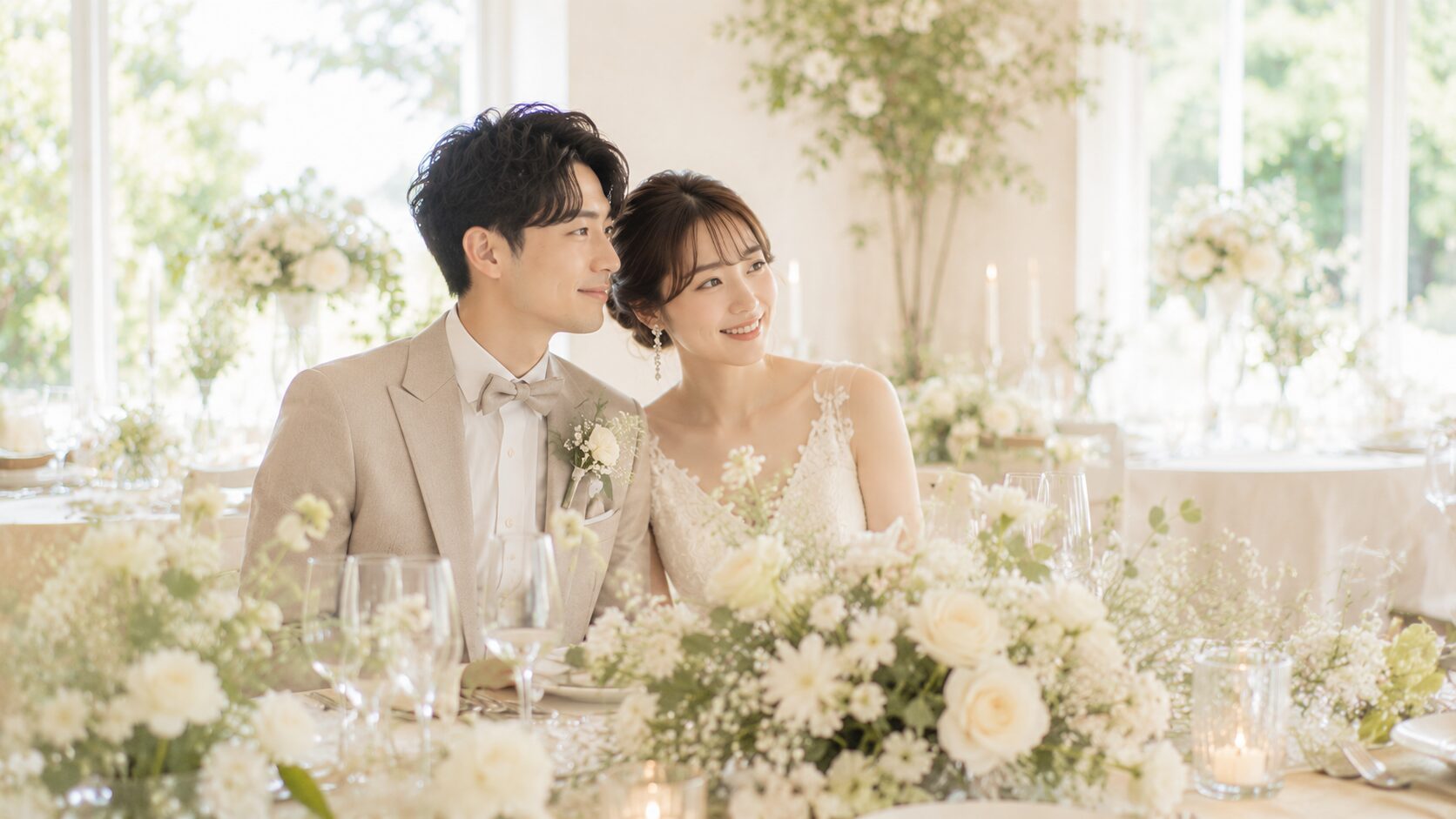 明るい会場で寄り添って微笑む新郎新婦
