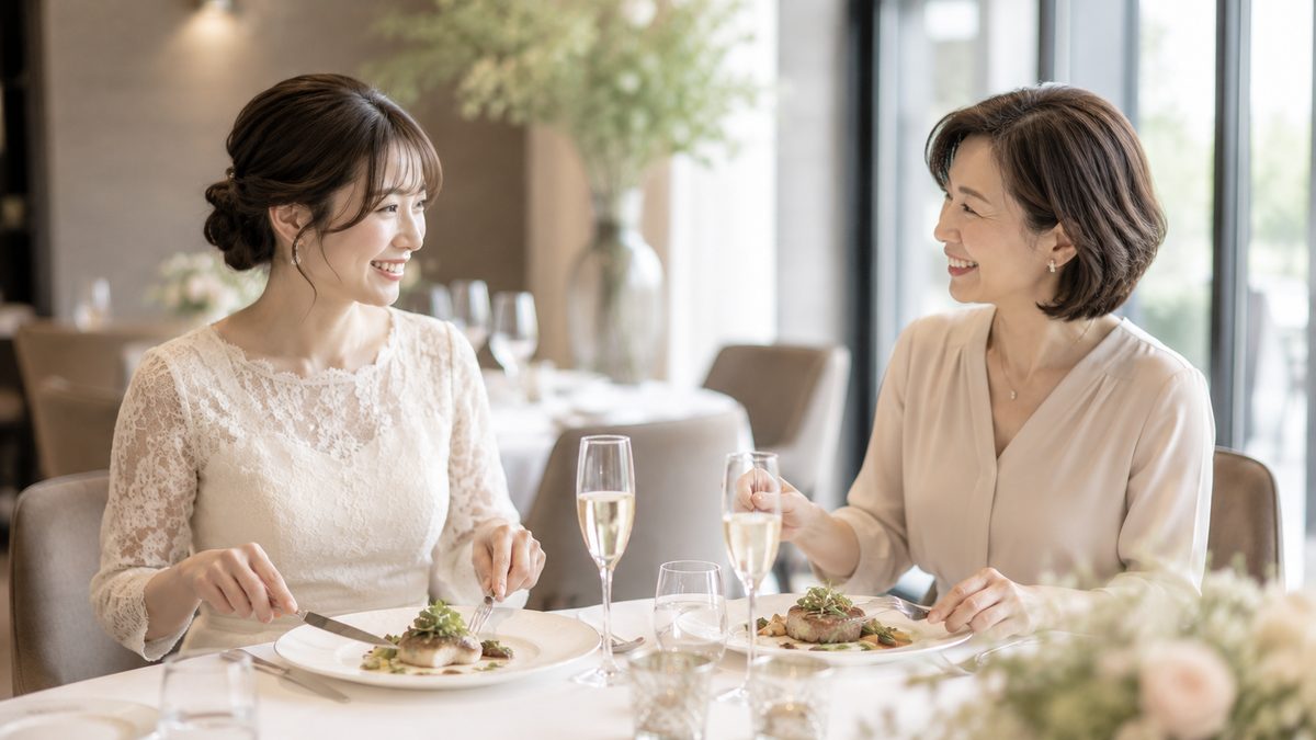 新婦と母親が試食会で食事を楽しむ様子
