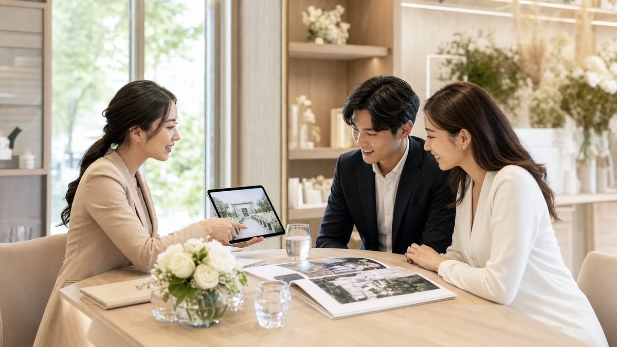 ゼクシィ相談カウンターでアドバイザーと式場の写真を見るカップル