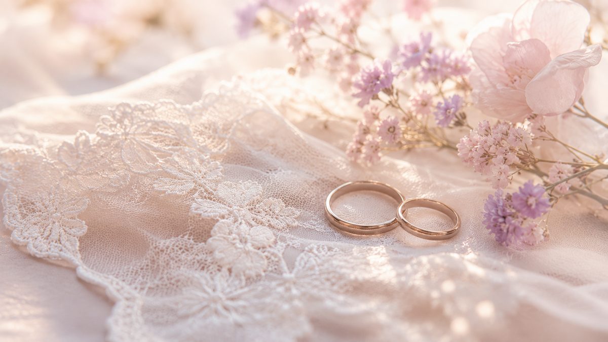 レースの上に並んだ結婚指輪とやさしい色の花