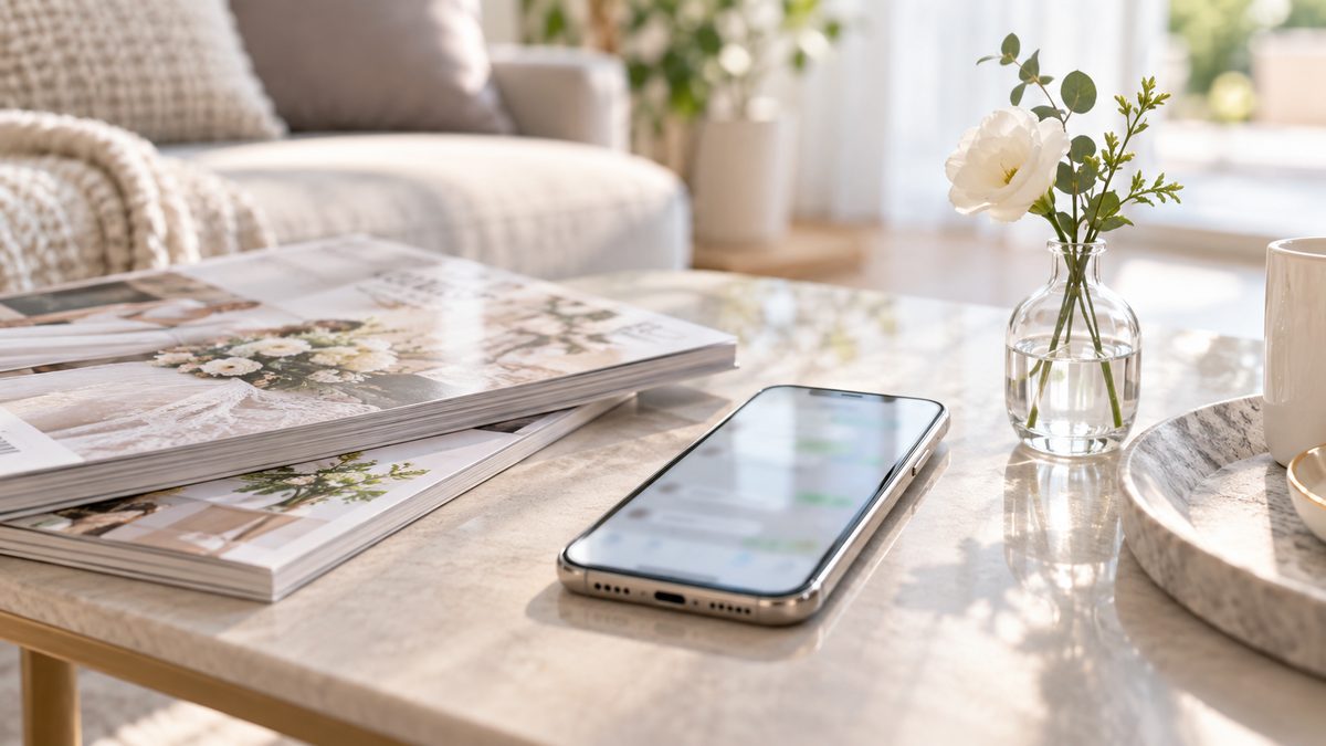 スマートフォンでオンライン相談をするイメージ、リビングのローテーブル